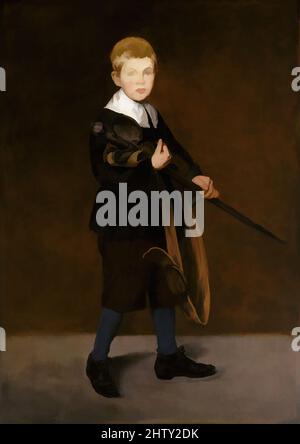 Art Inspired by Boy with a Sword, 1861, Öl auf Leinwand, 51 5/8 x 36 3/4 Zoll (131,1 x 93,4 cm), Gemälde, Édouard Manet (Französisch, Paris 1832–1883 Paris), Manets Stiefsohn, Léon Koëlla-Leenhoff erinnerte daran, dass er 1861, als er etwa zehn Jahre alt war, für dieses Bild posiert hatte. Manet, Classic Works modernisiert von Artotop mit einem Schuss Moderne. Formen, Farbe und Wert, auffällige visuelle Wirkung auf Kunst. Emotionen durch Freiheit von Kunstwerken auf zeitgemäße Weise. Eine zeitlose Botschaft, die eine wild kreative neue Richtung verfolgt. Künstler, die sich dem digitalen Medium zuwenden und die Artotop NFT erschaffen Stockfoto