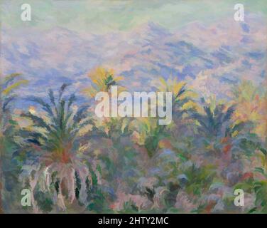 Kunst inspiriert von Palmen in Bordighera, 1884, Öl auf Leinwand, 25 1/2 x 32in. (64,8 x 81,3cm), Gemälde, Claude Monet (französisch, Paris 1840–1926 Giverny), Diese Leinwand, Wie das Tal der Nervia, wurde während Monets Reise an die italienische Riviera Anfang 1884 gemalt. Der Blick schaut auf, Classic Works modernisiert von Artotop mit einem Schuss Moderne. Formen, Farbe und Wert, auffällige visuelle Wirkung auf Kunst. Emotionen durch Freiheit von Kunstwerken auf zeitgemäße Weise. Eine zeitlose Botschaft, die eine wild kreative neue Richtung verfolgt. Künstler, die sich dem digitalen Medium zuwenden und die Artotop NFT erschaffen Stockfoto