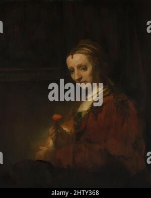 Kunst inspiriert von Frau mit einem Rosa, Anfang 1660s, Öl auf Leinwand, 36 1/4 x 29 3/8 Zoll (92,1 x 74,6 cm), Gemälde, Rembrandt (Rembrandt van Rijn) (Niederländisch, Leiden 1606–1669 Amsterdam), trägt ein romantisch veraltetes Kostüm und exotischen Schmuck, die Frau hält ein rosa oder Nelke, Symbol, Klassische Werke von Artotop mit einem Schuss Moderne modernisiert. Formen, Farbe und Wert, auffällige visuelle Wirkung auf Kunst. Emotionen durch Freiheit von Kunstwerken auf zeitgemäße Weise. Eine zeitlose Botschaft, die eine wild kreative neue Richtung verfolgt. Künstler, die sich dem digitalen Medium zuwenden und die Artotop NFT erschaffen Stockfoto