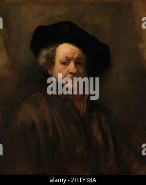 Art Inspired by Self-Portrait, 1660, Öl auf Leinwand, 31 5/8 x 26 1/2 Zoll (80,3 x 67,3 cm), Gemälde, Rembrandt (Rembrandt van Rijn) (Niederländisch, Leiden 1606–1669 Amsterdam), die Dutzend oder mehr Selbstporträts, die aus jedem Jahrzehnt Rembrandts Karriere stammen, variieren in ihrer Zusammensetzung erheblich, klassische Werke, die von Artotop mit einem Schuss Moderne modernisiert wurden. Formen, Farbe und Wert, auffällige visuelle Wirkung auf Kunst. Emotionen durch Freiheit von Kunstwerken auf zeitgemäße Weise. Eine zeitlose Botschaft, die eine wild kreative neue Richtung verfolgt. Künstler, die sich dem digitalen Medium zuwenden und die Artotop NFT erschaffen Stockfoto