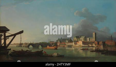 Kunst inspiriert vom Gebäude der Westminster Bridge, Öl auf Leinwand, 24 x 44 3/8 Zoll (61 x 112,7 cm), Gemälde, Samuel Scott (britisch, London ca. 1702–1772 Bath), links in dieser Ansicht von London und der Themse befindet sich die noch unvollendete Westminster Bridge. Dahinter von links nach, Classic Works modernisiert von Artotop mit einem Schuss Modernität. Formen, Farbe und Wert, auffällige visuelle Wirkung auf Kunst. Emotionen durch Freiheit von Kunstwerken auf zeitgemäße Weise. Eine zeitlose Botschaft, die eine wild kreative neue Richtung verfolgt. Künstler, die sich dem digitalen Medium zuwenden und die Artotop NFT erschaffen Stockfoto