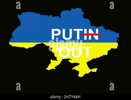 Landesgrenze der Ukraine mit der Aufschrift Putin out und den nationalen Farben gelb und blau Stockfoto