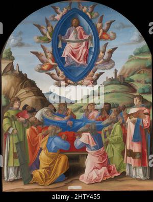 Art inspired by the Death of the Virgin, 1485, Tempera auf Holz, gewölbte Oberseite, 74 3/4 x 59 Zoll (189,9 x 149,9 cm), Gemälde, Bartolomeo Vivarini (italienisch, aktives Venedig 1450–91), die Jungfrau wird tot dargestellt, von den Aposteln umgeben und von ihrem Sohn Christus in den Himmel aufgenommen. Saints, Classic Works modernisiert von Artotop mit einem Schuss Moderne. Formen, Farbe und Wert, auffällige visuelle Wirkung auf Kunst. Emotionen durch Freiheit von Kunstwerken auf zeitgemäße Weise. Eine zeitlose Botschaft, die eine wild kreative neue Richtung verfolgt. Künstler, die sich dem digitalen Medium zuwenden und die Artotop NFT erschaffen Stockfoto