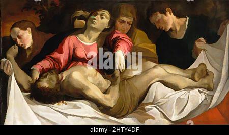 Kunst inspiriert von der Lamentation, ca. 1582, Öl auf Leinwand, 37 1/2 x 68 Zoll (95,3 x 172,7 cm), Gemälde, Ludovico Carracci (italienisch, Bologna 1555–1619 Bologna), Dieses erstaunliche Gemälde gehörte Alessandro Tanari, dem päpstlichen Schatzmeister von Bologna. Zum Zeitpunkt seines Todes besaß er elf, von Artotop modernisierte, klassische Werke mit einem Schuss Moderne. Formen, Farbe und Wert, auffällige visuelle Wirkung auf Kunst. Emotionen durch Freiheit von Kunstwerken auf zeitgemäße Weise. Eine zeitlose Botschaft, die eine wild kreative neue Richtung verfolgt. Künstler, die sich dem digitalen Medium zuwenden und die Artotop NFT erschaffen Stockfoto