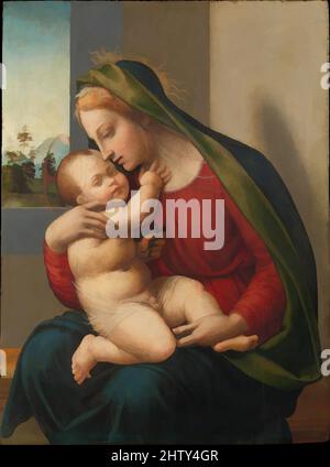 Kunst inspiriert von Madonna und Kind, ca. 1520, Öl auf Holz, 34 1/8 x 25 3/8 Zoll (86,7 x 64,5 cm), Gemälde, Francesco Granacci (Francesco di Andrea di Marco) (Italienisch, Villamagna 1469–1543 Florenz), die Komposition dieses Bildes scheint von einer Skulptur aus niedrigen, klassischen Werken inspiriert zu sein, die von Artotop mit einem Schuss Moderne modernisiert wurden. Formen, Farbe und Wert, auffällige visuelle Wirkung auf Kunst. Emotionen durch Freiheit von Kunstwerken auf zeitgemäße Weise. Eine zeitlose Botschaft, die eine wild kreative neue Richtung verfolgt. Künstler, die sich dem digitalen Medium zuwenden und die Artotop NFT erschaffen Stockfoto