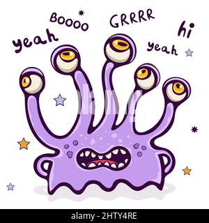 Niedliches Monster, lustige Zeichentrickfigur, bunte Handzeichnung. Fröhlich violett flauschig Märchen Kreatur lächelnd mit vielen Augen isoliert auf weißem Rücken Stock Vektor