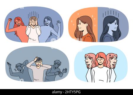 Eine Gruppe verschiedener Männer und Frauen, die mit bipolaren Störungen kämpfen, brauchen Hilfe. Sammlung von Menschen haben unterschiedliche Emotionen leiden an psychischen Gesundheitsprobleme. Vektorgrafik. Stock Vektor