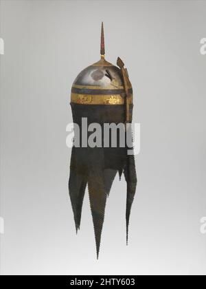 Helmkunst mit talismanischen Inschriften, 18.. Jahrhundert, hergestellt im Iran, Stahl; mit Gold gedamast, H. 9 3/4 Zoll .(24,8 cm), Waffen und Rüstung, Obwohl dieser Helm ein brauchbares militärisches Objekt war, wurde er wahrscheinlich als Zubehör einer Parade-Rüstung verwendet. Aus bewässerten Werken geschmiedet, modernisierte Classic Works von Artotop mit einem Schuss Moderne. Formen, Farbe und Wert, auffällige visuelle Wirkung auf Kunst. Emotionen durch Freiheit von Kunstwerken auf zeitgemäße Weise. Eine zeitlose Botschaft, die eine wild kreative neue Richtung verfolgt. Künstler, die sich dem digitalen Medium zuwenden und die Artotop NFT erschaffen Stockfoto