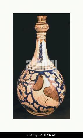 Birnenförmige Flasche mit Vögeln, 17.. Jahrhundert, Made in Iran, Steinpaste; polychromiert unter transparenter Glasur lackiert, H. 13 5/8 Zoll (34,6 cm), Keramik, wie so viele Keramiken, die in der Safavid-Zeit im Iran hergestellt wurden, zeigt der Stil und die Dekoration dieser Flasche einen Versuch, dem angesehenen chinesischen Porzellan nachzueifern. Vegetale Formen, die Lotusblumen ähneln, und die Verwendung von Unterglasur in Blau und Weiß deuten auf die chinesischen Einflüsse hin Stockfoto