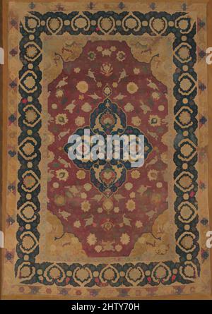 Kunst inspiriert von Seide Kashan Teppich, zweite Hälfte 16. Jahrhundert, hergestellt im Iran, wahrscheinlich Kashan, Seide (Kettchen, Schusswerk, Und Stapel), mit Metall umwickelter Faden; asymmetrisch verknotete Stapel, Befestigungsabmessungen: L. 105 1/2 Zoll (268 cm), Textilien-Teppiche, dieser Teppich, möglicherweise im Seidenhandel gewebt und, Classic Works modernisiert von Artotop mit einem Schuss Moderne. Formen, Farbe und Wert, auffällige visuelle Wirkung auf Kunst. Emotionen durch Freiheit von Kunstwerken auf zeitgemäße Weise. Eine zeitlose Botschaft, die eine wild kreative neue Richtung verfolgt. Künstler, die sich dem digitalen Medium zuwenden und die Artotop NFT erschaffen Stockfoto