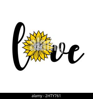 Sonnenblume Liebe dekorative Wort Buchstaben Vektor Illustration. Blumendekor im Druck Stock Vektor