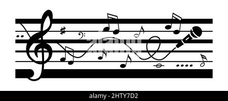 Notenmuster dekorative Element Bordüre. Notizen und Mikrofonsilhouetten. Stock Vektor