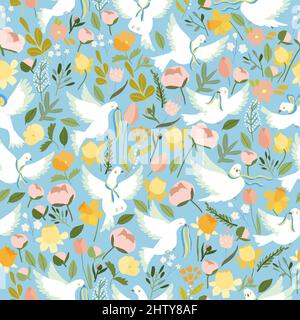Nahtloses Muster mit weißen Friedenstauben und Blumen auf blauem Hintergrund Stock Vektor