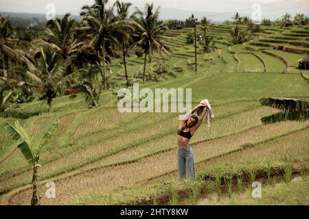 Mädchen posiert auf dem Hintergrund von Reis teresa. Hochwertige Foto Stockfoto