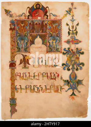 Kunst inspiriert von Titelseite des Johannesevangeliums, 1300–1310, Made in Armenia, Siwnik, Ink, Undurchsichtiges Aquarell und Gold auf Papier, Seite: H. 12 1/2 Zoll (31,7 cm), Codices, Dieses reich verzierte Blatt betont das Johannesevangelium als Zusammenfassung der vier Evangelien, indem es die von Artotop modernisierten, klassischen Werke mit einem Schuss Moderne einschließt. Formen, Farbe und Wert, auffällige visuelle Wirkung auf Kunst. Emotionen durch Freiheit von Kunstwerken auf zeitgemäße Weise. Eine zeitlose Botschaft, die eine wild kreative neue Richtung verfolgt. Künstler, die sich dem digitalen Medium zuwenden und die Artotop NFT erschaffen Stockfoto