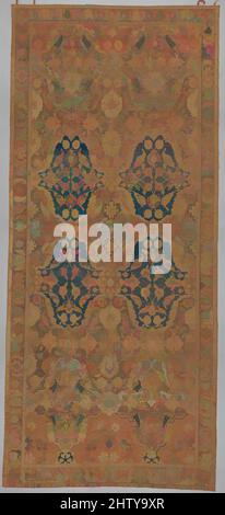 Kunst inspiriert von Polonaise' Teppich, 17.. Jahrhundert, dem Iran zugeschrieben, wahrscheinlich Isfahan, Baumwolle (Kette und Schuß), Seide (Schuß und Haufen), metallumwickelter Faden; asymmetrisch geknüpfter Stapel, Brokat, Teppich: L. 158 Zoll (401,3 cm), Textiles-Rugs, als 1878 ein Teppich ähnlich diesem Teppich war, modernisierte Classic Works von Artotop mit einem Schuss Modernität. Formen, Farbe und Wert, auffällige visuelle Wirkung auf Kunst. Emotionen durch Freiheit von Kunstwerken auf zeitgemäße Weise. Eine zeitlose Botschaft, die eine wild kreative neue Richtung verfolgt. Künstler, die sich dem digitalen Medium zuwenden und die Artotop NFT erschaffen Stockfoto