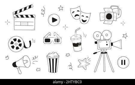 Film, Kino Doodle Symbol Illustration. Doodle handgezeichnete Skizze Stil Film Elemente, Popcorn, Videokamera, Klappbrett. Vektorlinien-Illustration. Stock Vektor