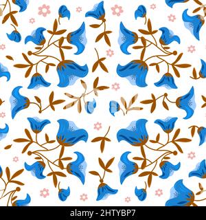 Handgezeichnete blaue Blumen nahtloses Muster auf weißem Hintergrund. Stockfoto