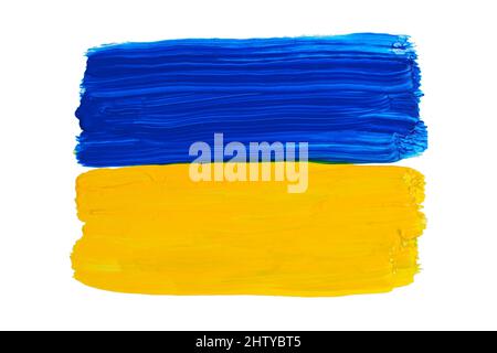 Ukrainische Flagge mit Farbe auf einem sauberen weißen Hintergrund gemalt isolieren. Frieden für die Ukraine, Krieg stoppen Konzept. Hochwertige Illustration Stockfoto