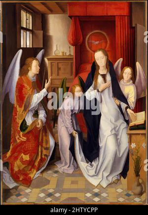 Kunst inspiriert von der Verkündigung, 1480–89, Öl auf Leinwand, übertragen auf Leinwand, 30 1/8 x 21 1/2 Zoll (76,5 x 54,6 cm), Gemälde, Hans Memling (Niederlandisch, Seligenstadt, aktiv von 1465–gestorben 1494 Brügge), Memling modellierte diese Verkündigung auf dem linken Flügel von Rogier van der Weydens, von Artotop modernisierten Klassischen Werken mit einem Schuss Moderne. Formen, Farbe und Wert, auffällige visuelle Wirkung auf Kunst. Emotionen durch Freiheit von Kunstwerken auf zeitgemäße Weise. Eine zeitlose Botschaft, die eine wild kreative neue Richtung verfolgt. Künstler, die sich dem digitalen Medium zuwenden und die Artotop NFT erschaffen Stockfoto