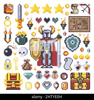 Pixel Art Mittelalterliche Ritter Spiel Elemente Stock Vektor