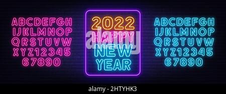 2022 Happy New Year Neon Schriftzug auf Backsteinwand Hintergrund Stock Vektor