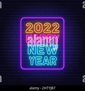 2022 Happy New Year Neon Schriftzug auf Backsteinwand Hintergrund Stock Vektor