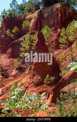 Der Sentier des Ocros befindet sich in den alten Steinbrüchen in der Nähe des Dorfes. Roussillon-en-Provence, Vaucluse, Frankreich Stockfoto