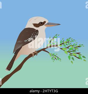 Eine Vektordarstellung einer Kookaburra. Der Vogel sitzt auf einem Ast mit einigen Blättern. Der Hintergrund ist ein blauer und grüner Farbverlauf. Stock Vektor