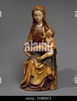 Thronende Jungfrau mit Kind, ca. 1430, hergestellt in Mittelrheintal, Deutschland, Deutsch, Walnuss, Polychromie und Vergoldung, Insgesamt: 13 1/4 x 5 3/4 x 5 1/8 Zoll (33,7 x 14,6 x 13 cm), Skulpturenholz, das süße und fragile Qualitäten vereint, war das beliebte Thema der „schönen Madonna“ eine ansprechende Kreation in der mitteleuropäischen Kunst um 1400. Diese Devotionalstatuette, die im späteren „weichen Stil“ von etwa 1420–40 geschnitzt wurde, könnte einen Hausaltar geschmückt haben Stockfoto