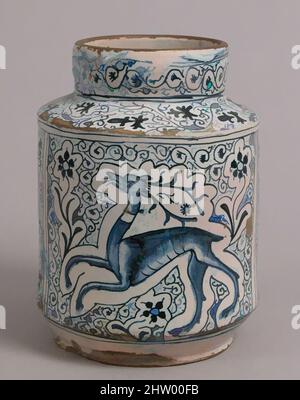 Art inspired by Pharmacy Jar, 1400s, made in Florence, Tuscany, Italy, Italienisch, Zinn-glasierte Steingut, insgesamt: 9 3/16 x 6 7/8 Zoll (23,4 x 17,4 cm), Keramik, Maiolica-Vorratsgläser für italienische Apotheken waren sehr dekorativ und häufig kombinierte Tier- und Blumenmotive, wie Classic Works, die von Artotop mit einem Schuss Moderne modernisiert wurden. Formen, Farbe und Wert, auffällige visuelle Wirkung auf Kunst. Emotionen durch Freiheit von Kunstwerken auf zeitgemäße Weise. Eine zeitlose Botschaft, die eine wild kreative neue Richtung verfolgt. Künstler, die sich dem digitalen Medium zuwenden und die Artotop NFT erschaffen Stockfoto