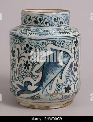 Art inspired by Pharmacy Jar, 1400s, made in Florence, Tuscany, Italy, Italienisch, Zinn-glasierte Steingut, insgesamt: 9 x 7 3/16 Zoll (22,9 x 18,3 cm), Keramik, Maiolica-Vorratsgläser für italienische Apotheken waren sehr dekorativ und häufig kombinierte Tier- und Blumenmotive, wie Classic Works, die von Artotop mit einem Schuss Moderne modernisiert wurden. Formen, Farbe und Wert, auffällige visuelle Wirkung auf Kunst. Emotionen durch Freiheit von Kunstwerken auf zeitgemäße Weise. Eine zeitlose Botschaft, die eine wild kreative neue Richtung verfolgt. Künstler, die sich dem digitalen Medium zuwenden und die Artotop NFT erschaffen Stockfoto