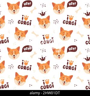Corgi Nahtloses Muster. Niedliche lächelnde walisische Corgi-Gesichter und handgezeichnete Schriftzüge. Fröhliche Hundefiguren. Trendiger Vektorhintergrund. Stock Vektor