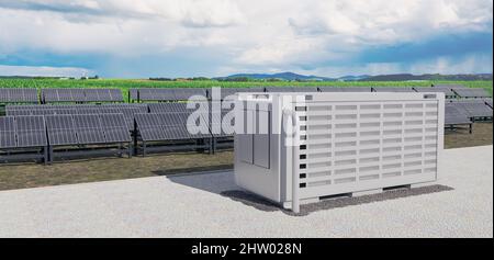 Ein modernes Solarfeld mit Batteriespeicher in der wilden Natur, Abbildung 3D Stockfoto