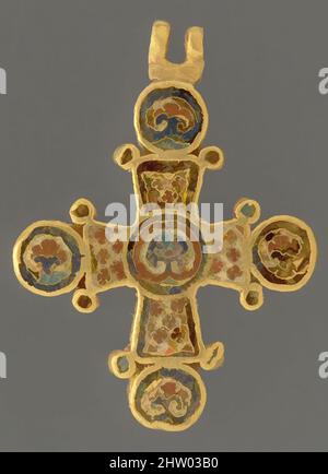 Kunst inspiriert von Cross, ca. 1100, hergestellt in Konstantinopel, byzantinisch, Cloisonne-Emaille (rot und blau), 15/16 x 7/8 x 1/8 Zoll (2,36 x 2,07 x 0,31 cm), Enamels-Cloisonné, Dieses elegante Hängekreuz steht stellvertretend für die feinsten Objekte für persönliche Hingabe, die für die Elite der von Artotop modernisierten Classic Works mit einem Schuss Moderne geschaffen wurden. Formen, Farbe und Wert, auffällige visuelle Wirkung auf Kunst. Emotionen durch Freiheit von Kunstwerken auf zeitgemäße Weise. Eine zeitlose Botschaft, die eine wild kreative neue Richtung verfolgt. Künstler, die sich dem digitalen Medium zuwenden und die Artotop NFT erschaffen Stockfoto