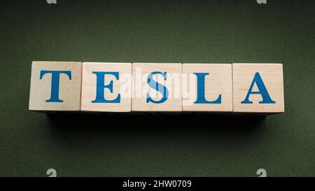 31. Januar 2022. Austin, Texas. Der Name der Firma Tesla, aus Holzwürfeln angelegt. Stockfoto