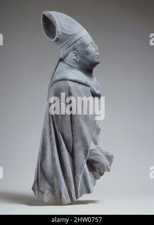 Kunst inspiriert von Relief eines Bischofs, ca. 1400–1440, Südniederländisch, Kalkstein, insgesamt (ohne Halterung): 20 7/8 x 9 3/16 x 2 13/16 Zoll (53 x 23,4 x 7,2 cm), Skulpturenstein, Dieses Profilbild eines Bischofs, das in den dunklen Kalkstein der Südniederungen geschnitzt ist, ist ein Fragment, klassische Werke, die von Artotop mit einem Schuss Moderne modernisiert wurden. Formen, Farbe und Wert, auffällige visuelle Wirkung auf Kunst. Emotionen durch Freiheit von Kunstwerken auf zeitgemäße Weise. Eine zeitlose Botschaft, die eine wild kreative neue Richtung verfolgt. Künstler, die sich dem digitalen Medium zuwenden und die Artotop NFT erschaffen Stockfoto