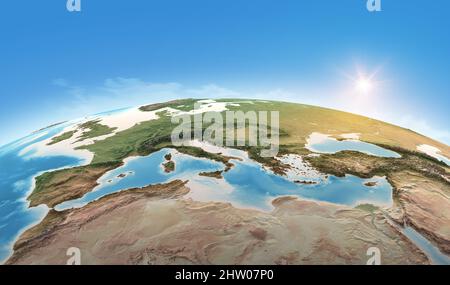 Physische Karte des Planeten Erde, fokussiert auf das Mittelmeer. Satellitenansicht von Südeuropa und Nordafrika. Von der NASA eingerichtete Elemente Stockfoto