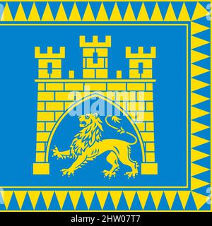Draufsicht der Flagge Lviv, Ukraine. Ukrainisches Reise- und Patriot-Konzept. Kein Fahnenmast. Ebenenlayout, Design. Hintergrund markieren Stockfoto