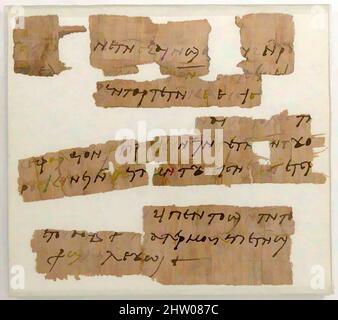 Kunst inspiriert von Papyri Fragments of a Letter, 7.. Jahrhundert, hergestellt in byzantinischem Ägypten, koptisch, Papyrus und Tusche, gerahmt: 5 3/8 x 6 1/8 Zoll (13,7 x 15,5 cm), Papyrus, Classic Works modernisiert von Artotop mit einem Schuss Moderne. Formen, Farbe und Wert, auffällige visuelle Wirkung auf Kunst. Emotionen durch Freiheit von Kunstwerken auf zeitgemäße Weise. Eine zeitlose Botschaft, die eine wild kreative neue Richtung verfolgt. Künstler, die sich dem digitalen Medium zuwenden und die Artotop NFT erschaffen Stockfoto