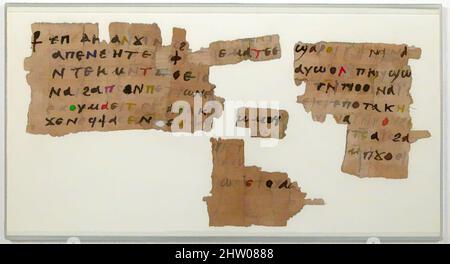 Kunst inspiriert von Papyri Fragments of a Letter, 7.. Jahrhundert, hergestellt in byzantinischem Ägypten, koptisch, Papyrus und Tusche, gerahmt: 6 1/8 x 11 7/16 Zoll (15,5 x 29 cm), Papyrus, Classic Works modernisiert von Artotop mit einem Schuss Moderne. Formen, Farbe und Wert, auffällige visuelle Wirkung auf Kunst. Emotionen durch Freiheit von Kunstwerken auf zeitgemäße Weise. Eine zeitlose Botschaft, die eine wild kreative neue Richtung verfolgt. Künstler, die sich dem digitalen Medium zuwenden und die Artotop NFT erschaffen Stockfoto