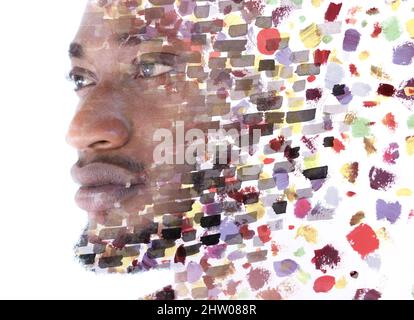 Ein Porträt eines Mannes kombiniert mit einem Gemälde in einer Paintographie-Technik. Stockfoto