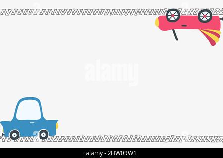 Cartoon-Vorlage für Text, Diplom. Vektorrahmen für Text mit Cartoon-Autos und einer Straße. Hintergrund für den Druck Diplom Stock Vektor