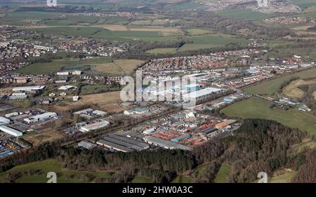 Luftaufnahme des Meadowfield Industrial Estate, Littleburn Industrial Estate und anderer Industrie bei Meadowfield & Langley Moor, County Durham, Großbritannien Stockfoto