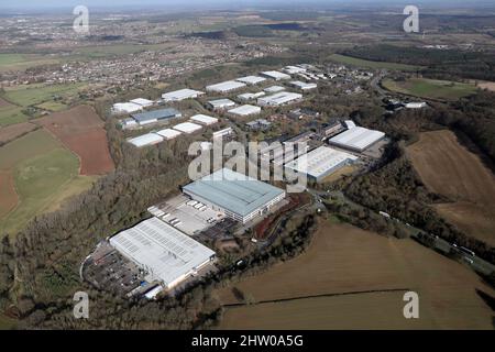 Luftaufnahme des Sherwood Business Park und der Lagerhäuser am Lake View Drive, Annesley, Nottingham Stockfoto