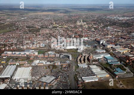 Luftaufnahme der Skyline des Stadtzentrums von Lincoln, Lincolnshire Stockfoto