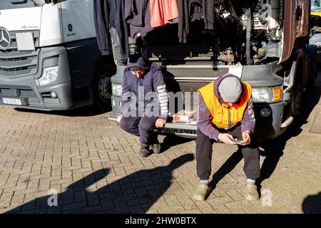 Rotterdam, Niederlande. Mehrere ukrainische Lkw-Fahrer bereiten sich am Sonntag, den 27.. Februar 2022, Nachmittag, im Merwe Harbour Fruit Terminal auf die Rückfahrt in die Ukraine vor, um sich dem Militär/der Armee/der Miliz anzuschließen, um gegen die russische Besatzung ihres Landes zu kämpfen und seinen Freiheits- und Soverignstaat zu schützen. Stockfoto