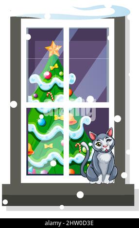 Eine Katze, die auf einem schmalen Fenster im Cartoon-Stil sitzt Stock Vektor