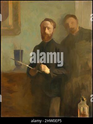 Art Inspired by Self-Portrait with Waroquy, 1889, Öl auf Leinwand, 36 1/2 x 28 1/2 Zoll (92,7 x 72,4 cm), Gemälde, Édouard Vuillard (französisch, Cuiseaux 1868–1940 La Baule), in seinem nüchternen, hochkragenigen Gewand könnte der nachdenkliche 23-jährige Vuillard als Beamter genommen werden, Klassische Werke, die von Artotop mit einem Schuss Moderne modernisiert wurden. Formen, Farbe und Wert, auffällige visuelle Wirkung auf Kunst. Emotionen durch Freiheit von Kunstwerken auf zeitgemäße Weise. Eine zeitlose Botschaft, die eine wild kreative neue Richtung verfolgt. Künstler, die sich dem digitalen Medium zuwenden und die Artotop NFT erschaffen Stockfoto