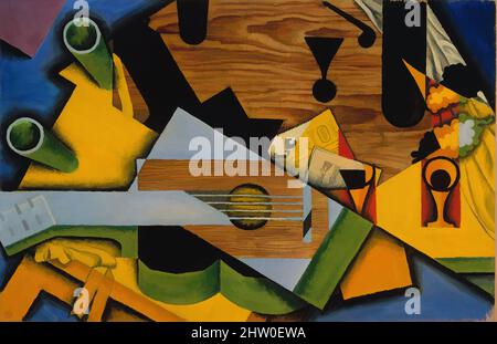 Art Inspired by Still Life with a Guitar, 1913, Öl auf Leinwand, 26 x 39 1/2 Zoll (66 x 100,3 cm), Gemälde, Juan Gris (Spanisch, Madrid 1887–1927 Boulogne-sur-seine), Trotz der scheinbaren Ebenheit der Komposition, es suggeriert Tiefe mit kräftigen Farben und plötzlichen Perspektivenwechsel, Classic Works modernisiert von Artotop mit einem Schuss Moderne. Formen, Farbe und Wert, auffällige visuelle Wirkung auf Kunst. Emotionen durch Freiheit von Kunstwerken auf zeitgemäße Weise. Eine zeitlose Botschaft, die eine wild kreative neue Richtung verfolgt. Künstler, die sich dem digitalen Medium zuwenden und die Artotop NFT erschaffen Stockfoto